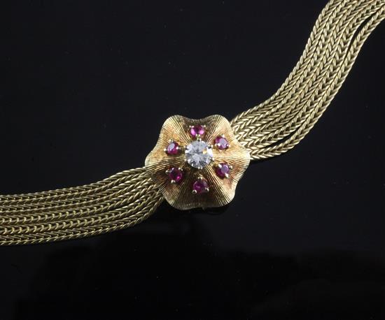 A ladys 18ct gold, ruby and diamond set Bueche Girod dress cocktail watch,